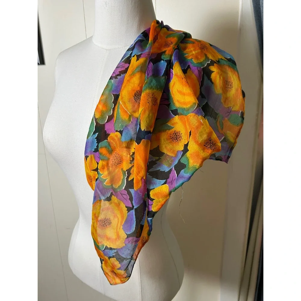 Vintage Floral Square Scarf Sheer Boho Retro Festival Bandana Botanical‎ Summer